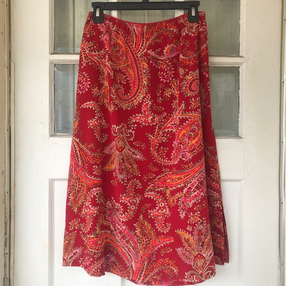 Eddie Bauer 100% Silk Red Print Skirt Midi - Picture 1 of 4